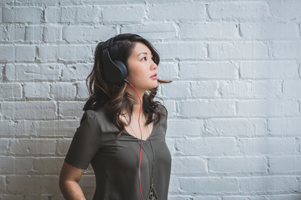 Student listening with headphones