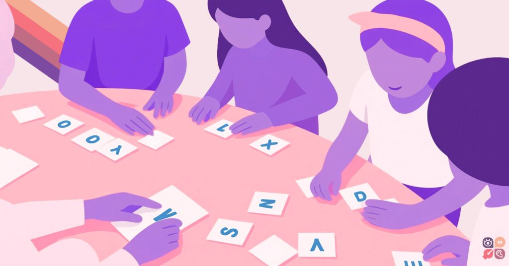 Illustration of students practicing foundational literacy with letter tiles