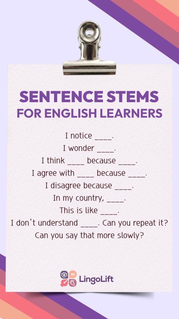 Graphic image of sentence stems for English learners