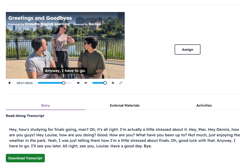 Screenshot of a Greetings and Goodbyes video and lesson in LingoLift